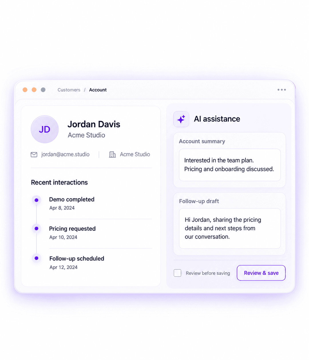 CRM interface with an AI-generated account summary and customer record permissions