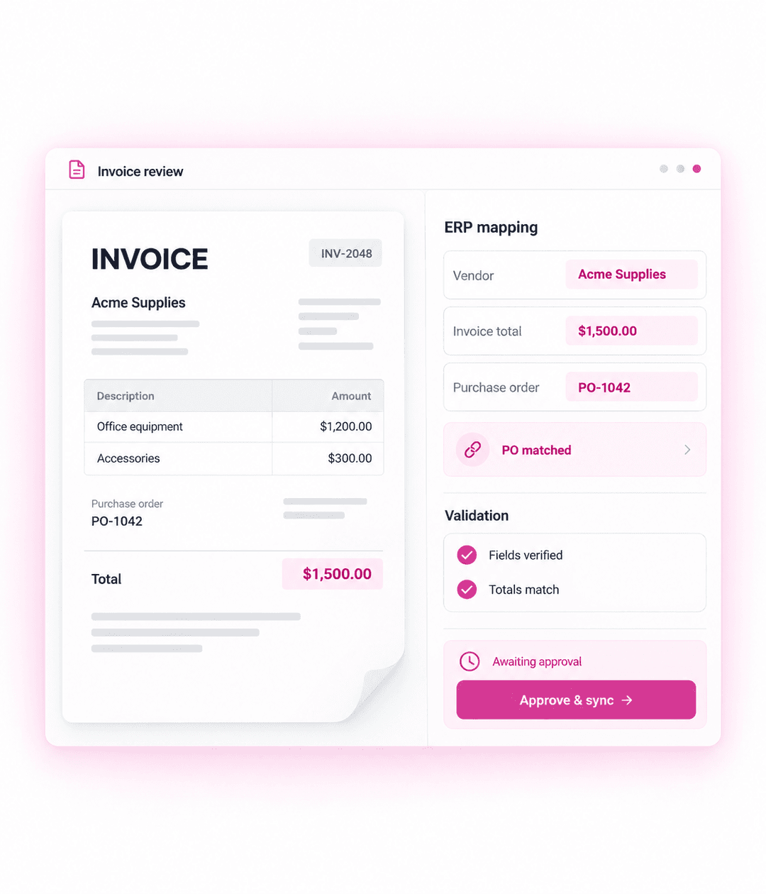 ERP records connected to AI document extraction with validation and approval controls