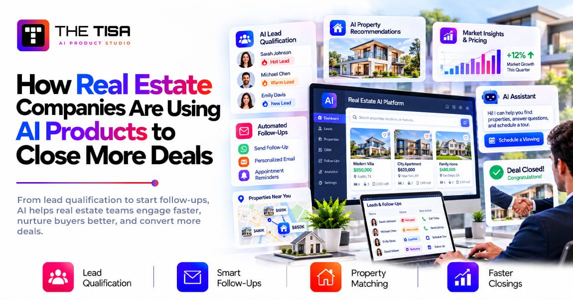 "THE TISA" AI Product Studio banner - how real estate companies use AI to close more deals: faster leads, smarter pricing, more closings.