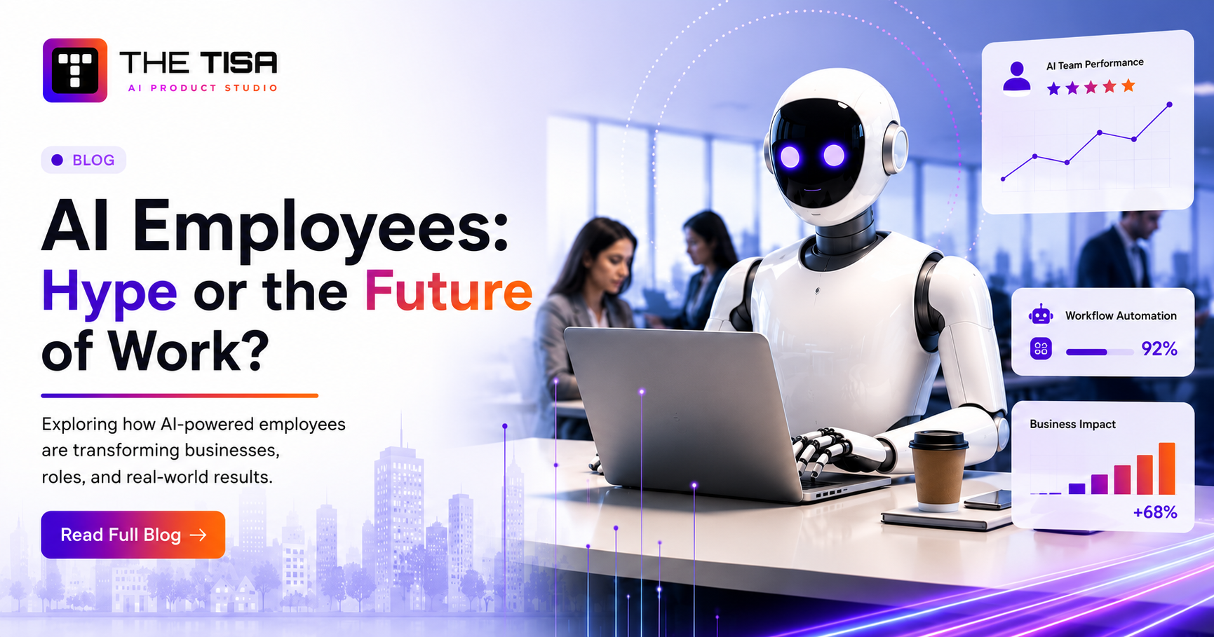 A blog banner exploring whether AI employees are hype or the future of work, highlighting AI powered automation, team performance, business growth and real world workplace transformation.