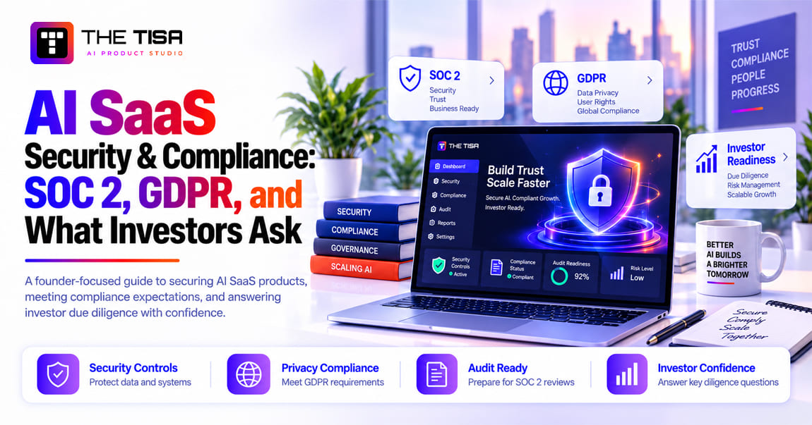 AI SaaS security and compliance dashboard showing SOC 2, GDPR, security controls, and investor readiness