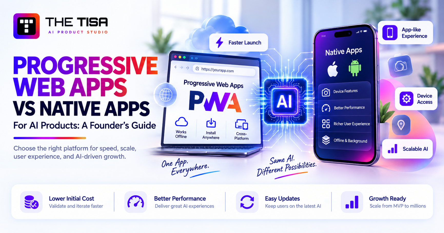 Progressive Web Apps vs Native Apps for AI Products comparison by THE TISA, showing PWA, native mobile apps, AI integration, performance, scalability and device access.