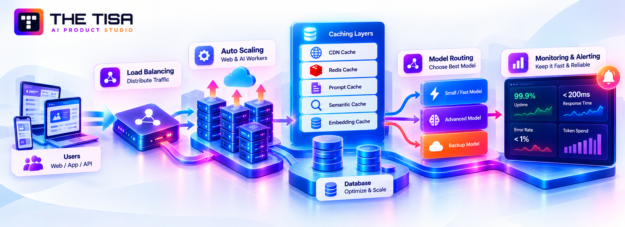 AI SaaS infrastructure flow diagram showing load balancing, auto scaling, caching layers, model routing, database optimization, and monitoring.