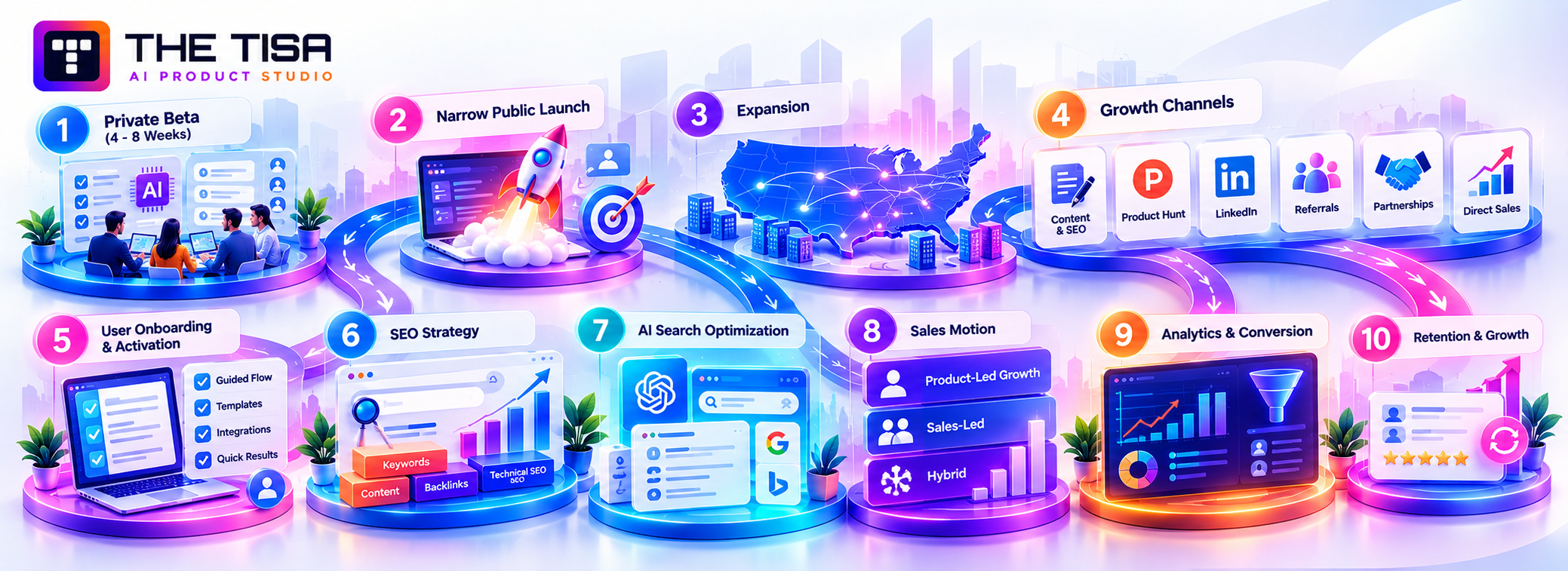 AI SaaS growth roadmap covering private beta, public launch, expansion, user onboarding, SEO, AI search optimization, sales, analytics, and retention.