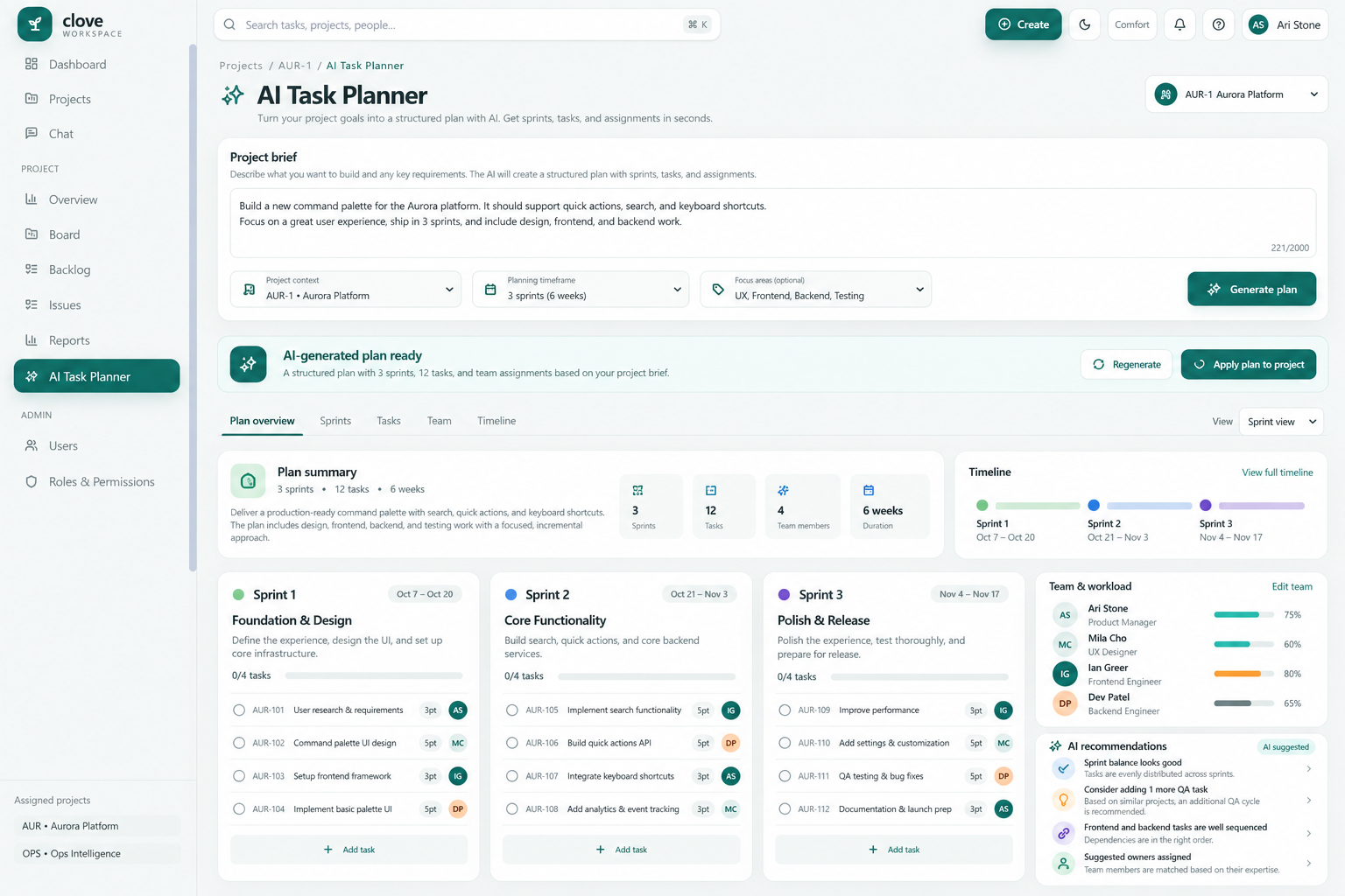 Clove AI breaking a project brief into milestones, sprints and assigned tasks.