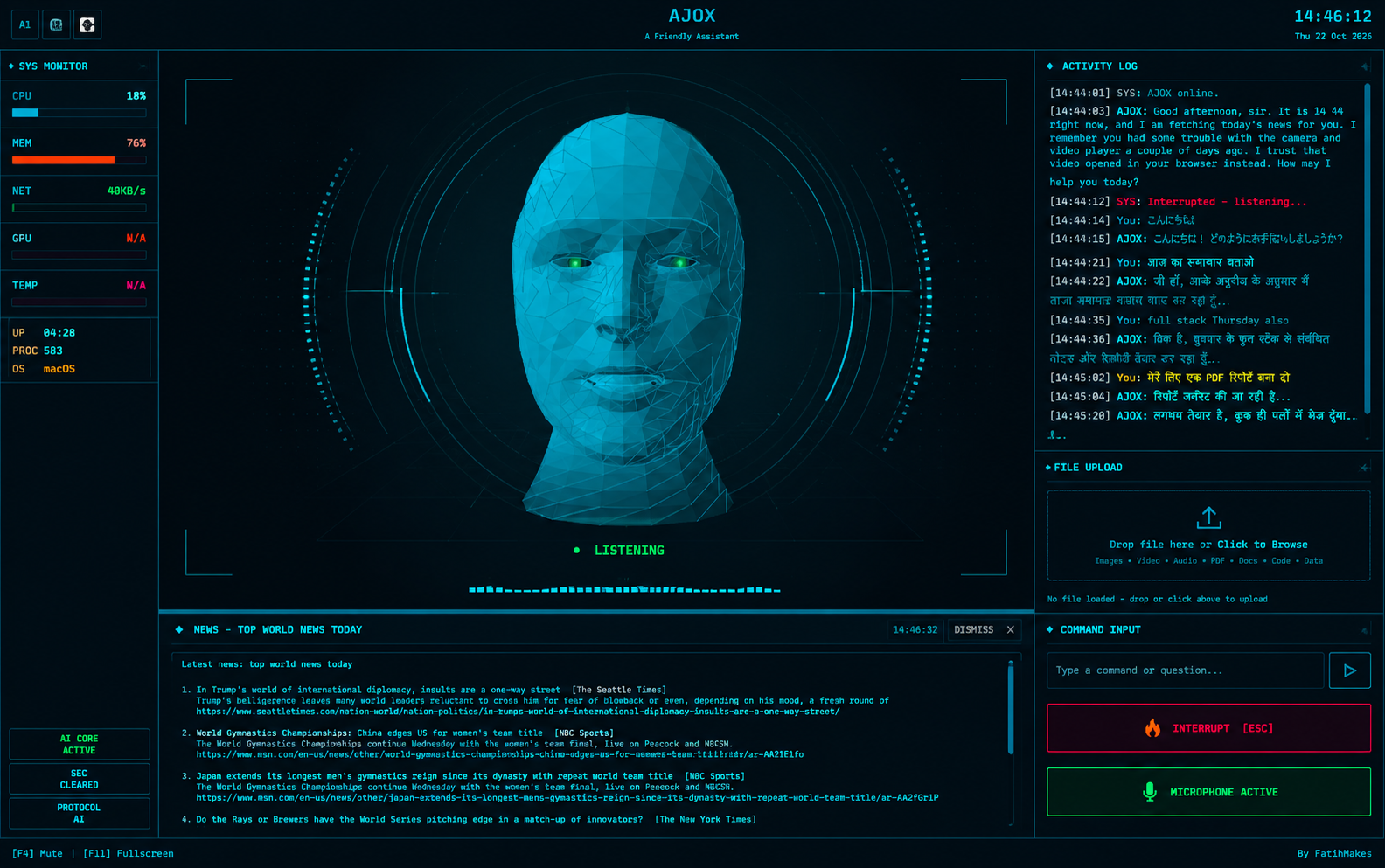 AJOX AI desktop assistant with a 3D listening avatar and system monitoring dashboard.