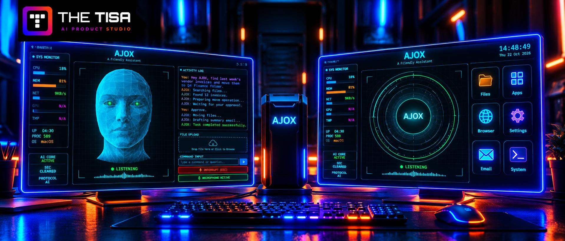 AJOX AI assistant dashboard on dual monitors by THE TISA.