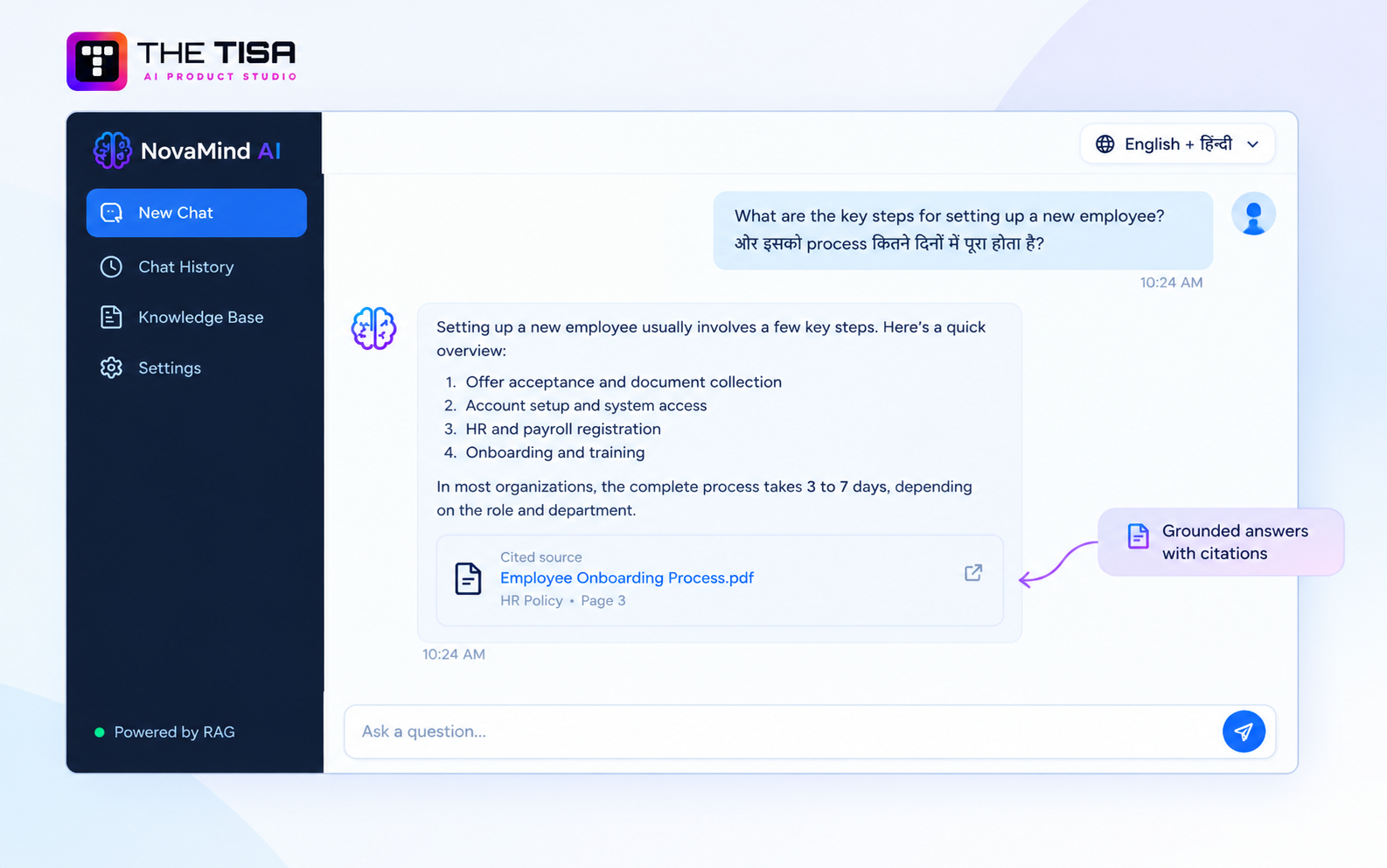 NovaMind AI answer showing the source document it was retrieved from