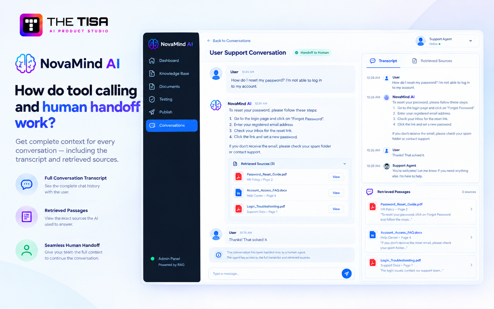NovaMind AI human handoff showing conversation transcript and retrieved sources for a support agent