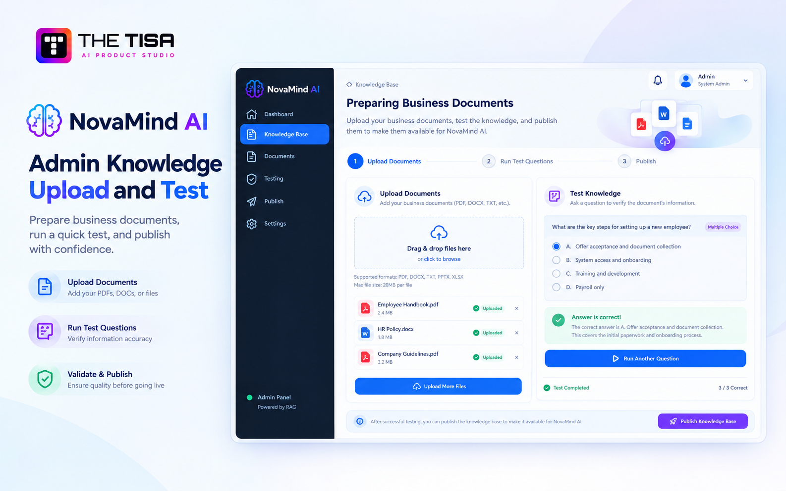 NovaMind admin tool for uploading and testing knowledge documents before publishing