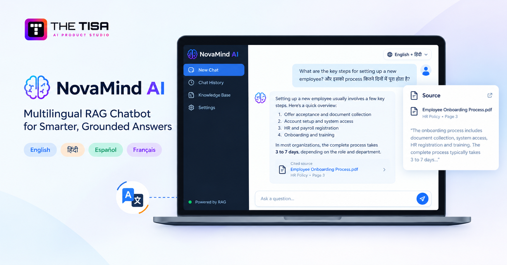 NovaMind AI multilingual RAG chatbot answering a mixed-language question with a cited source